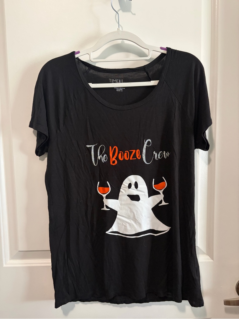 Time and Tru Black Kids Tee with White Ghost and Orange Wine Glasses